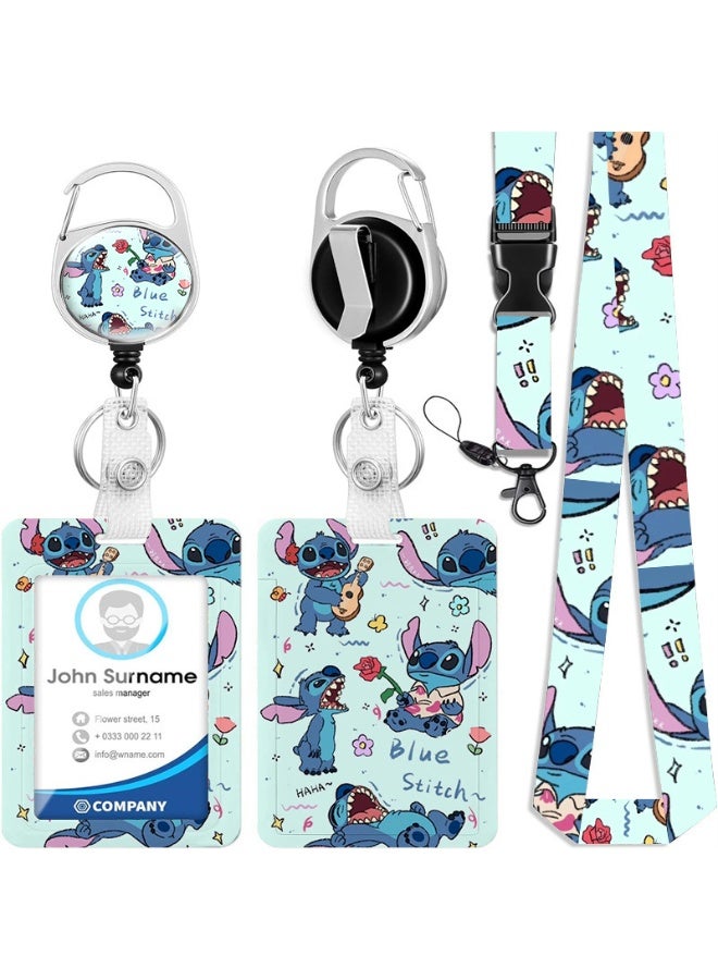 Disney A 3-in-1 Disney Stitch logo plastic ID holder with guitar, featuring a lanyard, retractable ID roll, keychain, and extension chain - suitable for workers, students, bus drivers, doctors, nurses, and more. - Image 1